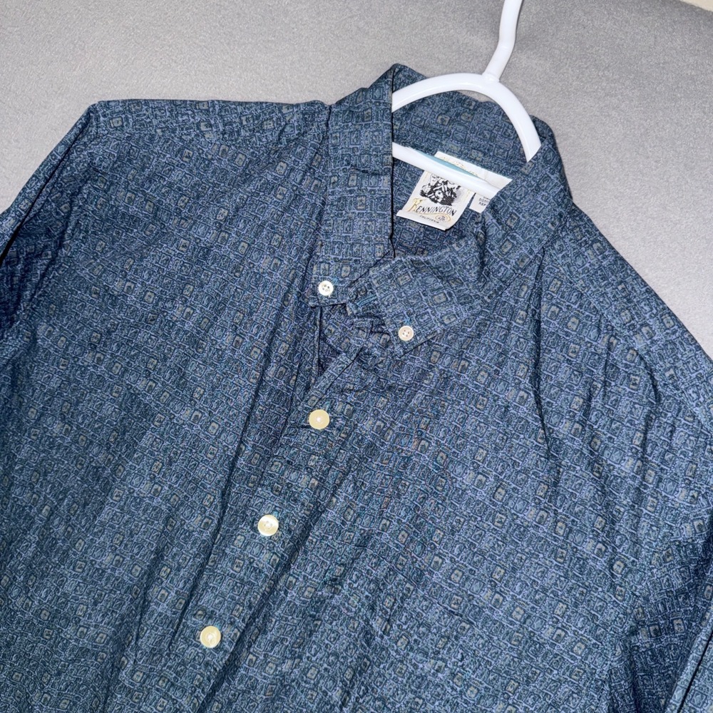 Kennington LTD Shirt Mens XL Blue Geometric Square Print Long Sleeve Button VTG